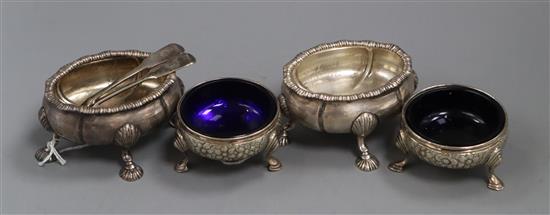 A pair of George III silver cauldron salts (blue glass liners), a pair of salt spoons and a pair of George V oval silver salts, 14.5oz